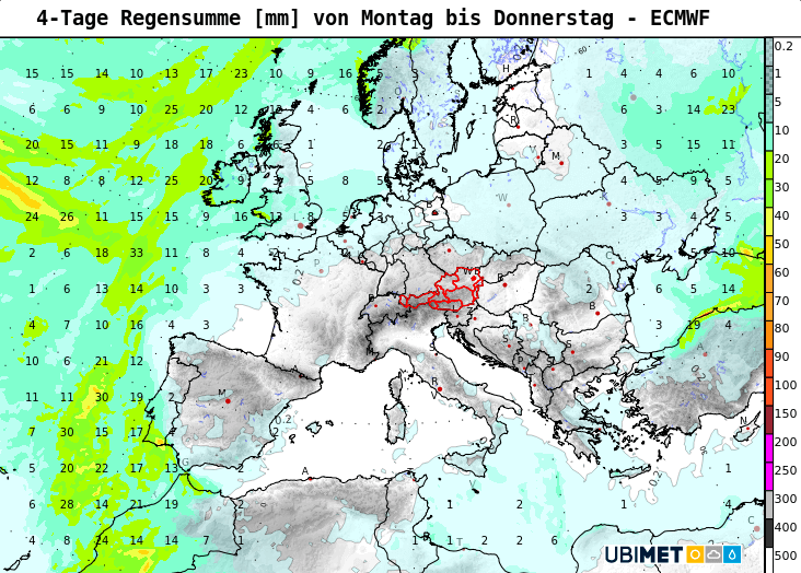 4-tägige Niederschlagssumme [mm] bis zum 16. Februar: Von Montag bis inklusive Donnerstag ist kein Niederschlag in Sicht