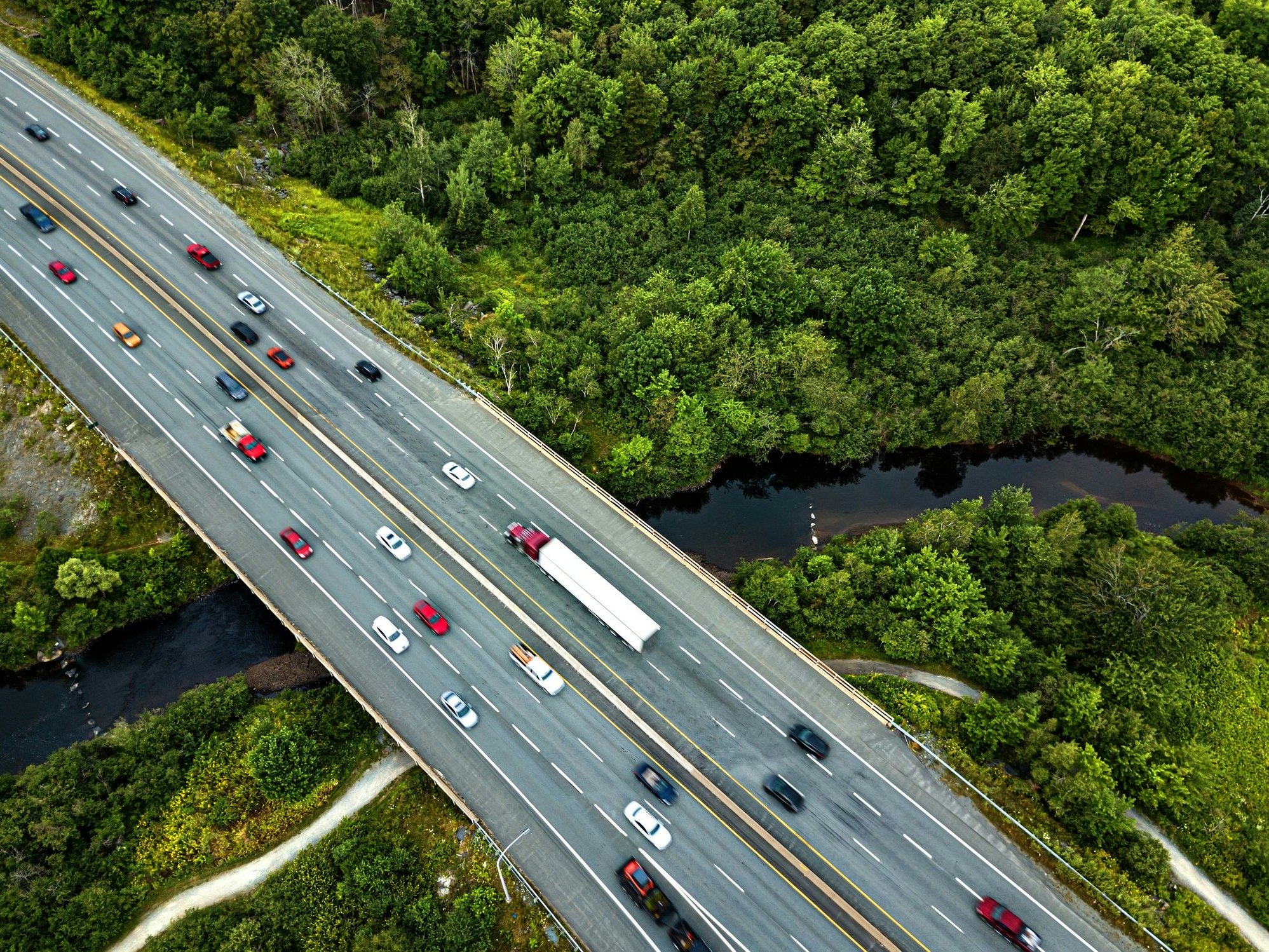 Aerial view of a four lane highway.