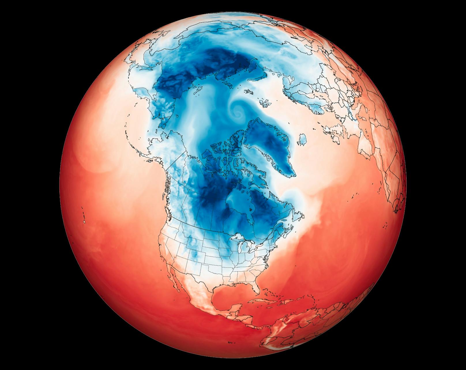 So sah die Kältewelle am 29. Jänner 2019 im Temperaturmodell des Goddard Earth Observing System (GOES) aus.