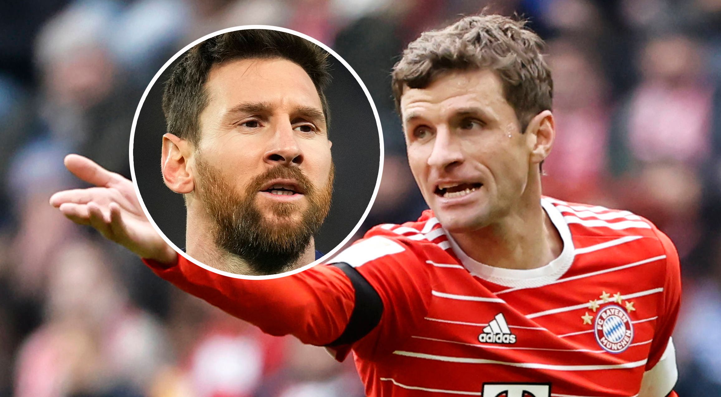 Bayerns Thomas Müller (r.) trifft auf Paris mit Lionel Messi