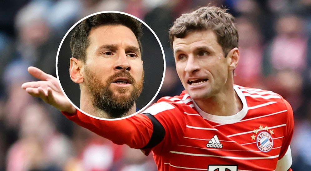 Bayerns Thomas Müller (r.) trifft auf Paris mit Lionel Messi