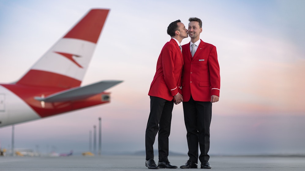 Die Austrian-Flugbegleiter sind sowohl privat als auch beruflich ein Traumpaar.