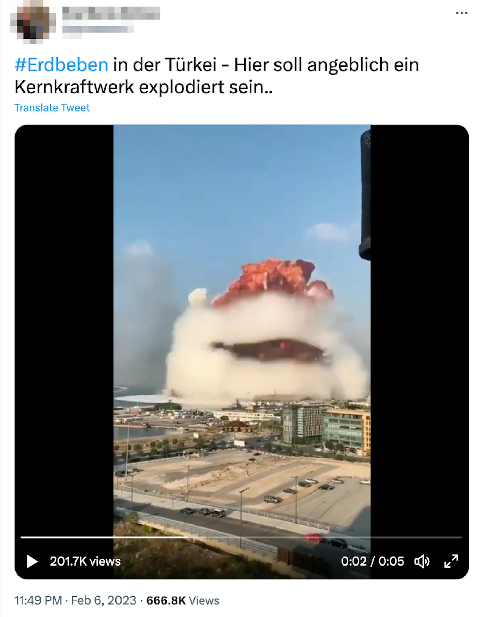 Die Explosion in diesem unter anderem auf Twitter verbreiteten Video hat es tatsächlich gegeben – allerdings hat sie sich bereits im Jahr 2020 ereignet – in der libanesischen Stadt Beirut.