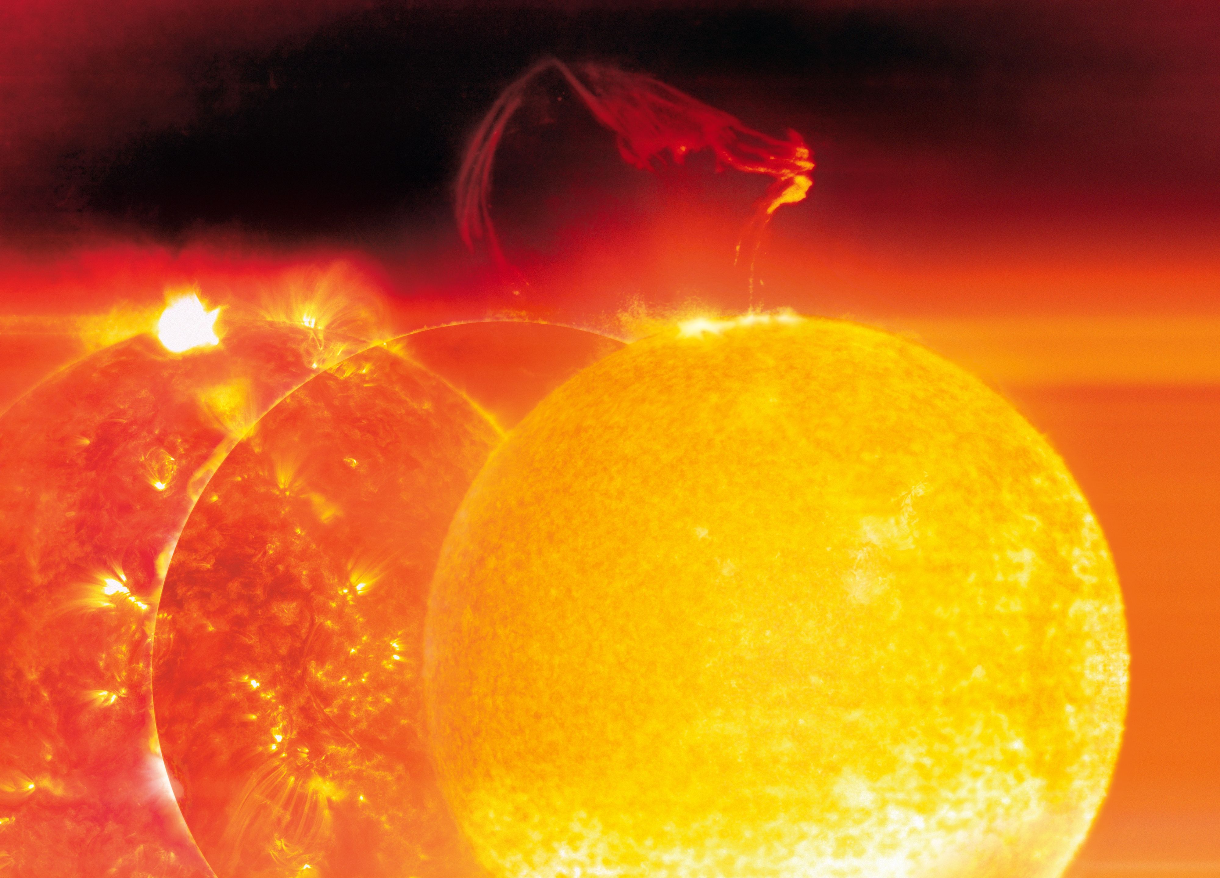 Während Sonneneruptionen regelmäßig vorkommen (Bild), sind Polarstürme eher selten.