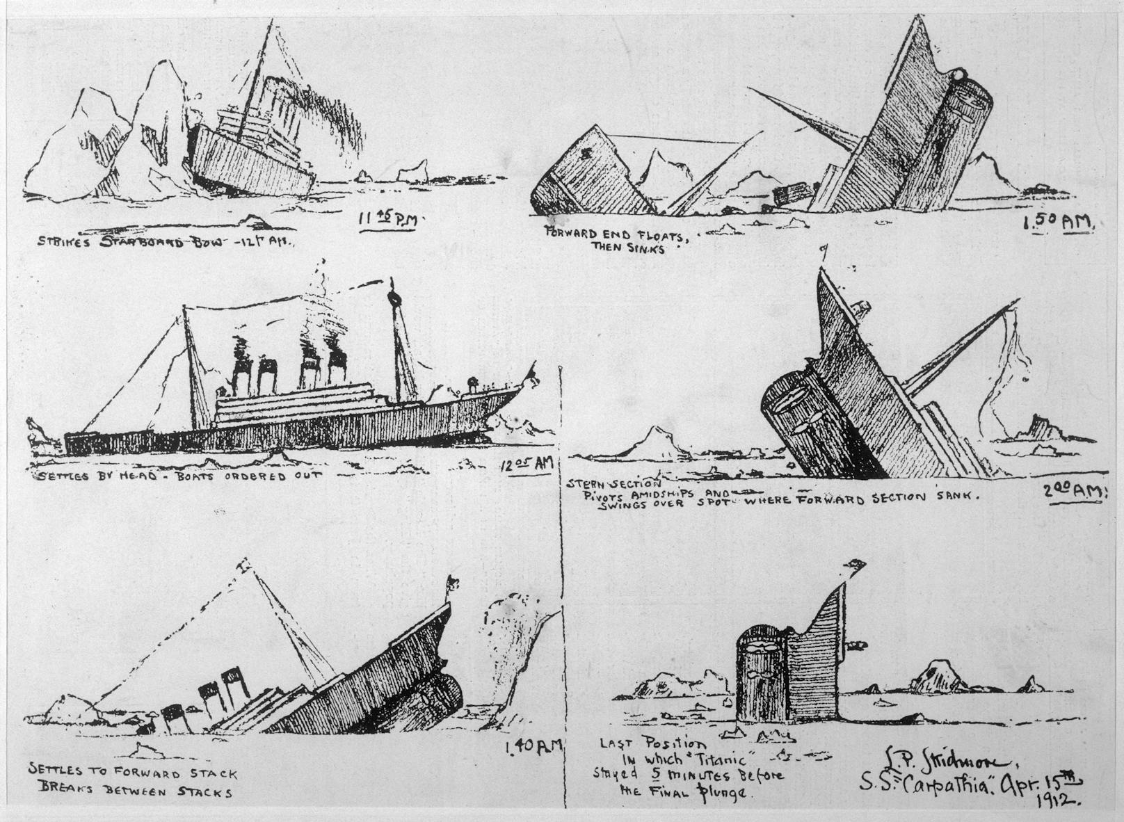 Diese Skizze des Titanic-Untergangs wurde von John "Jack" B. Thayer Jr., einem Überlebenden der Schiffskatastrophe, 1912 angefertigt.