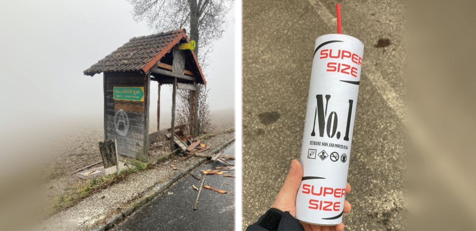 Ein Riesen-Böller hat eine Bushaltestelle in Oberösterreich komplett zerstört.