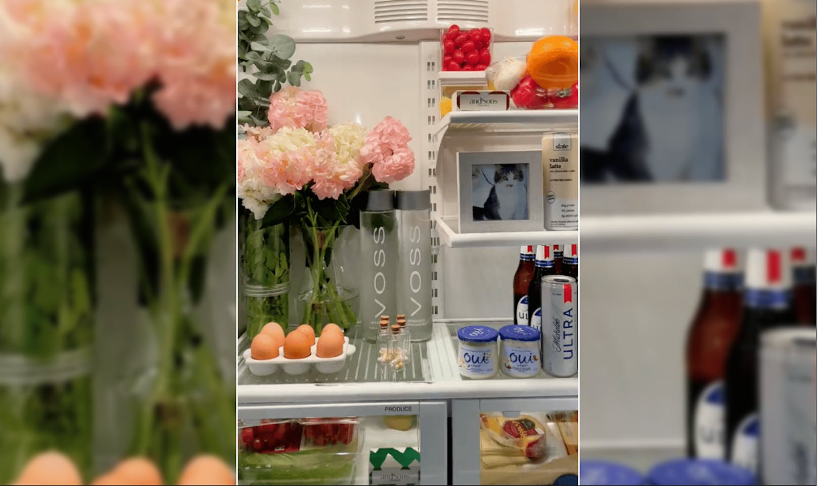 Eve Scampoli dekoriert ihren Kühlschrank mit Blumen und Bildern.