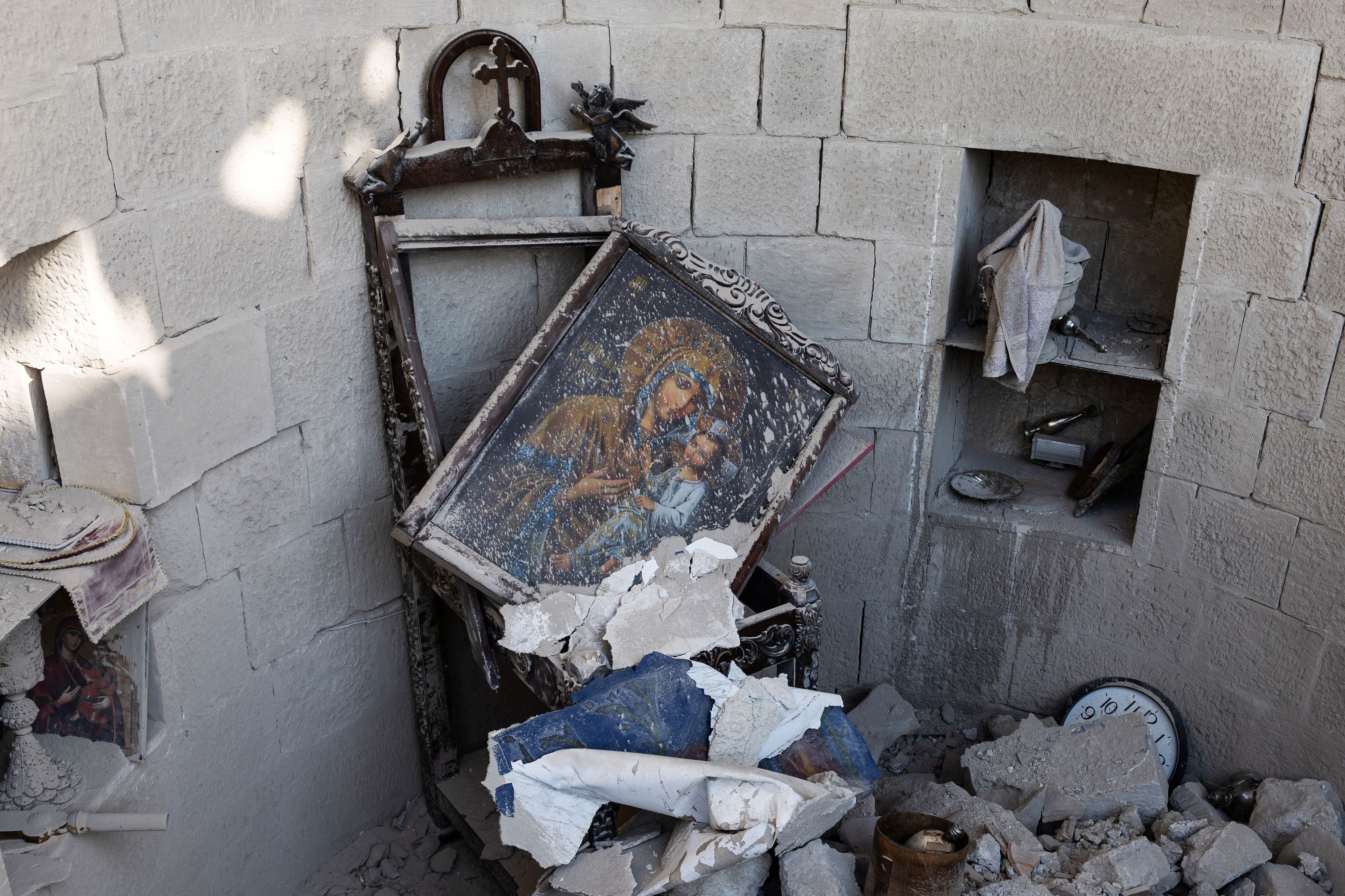 An icon is seen in the destroyed Greek Orthodox Church of Antioch in the aftermath of a deadly earthquake in Antakya, Turkey February 16, 2023. REUTERS/Maxim Shemetov
