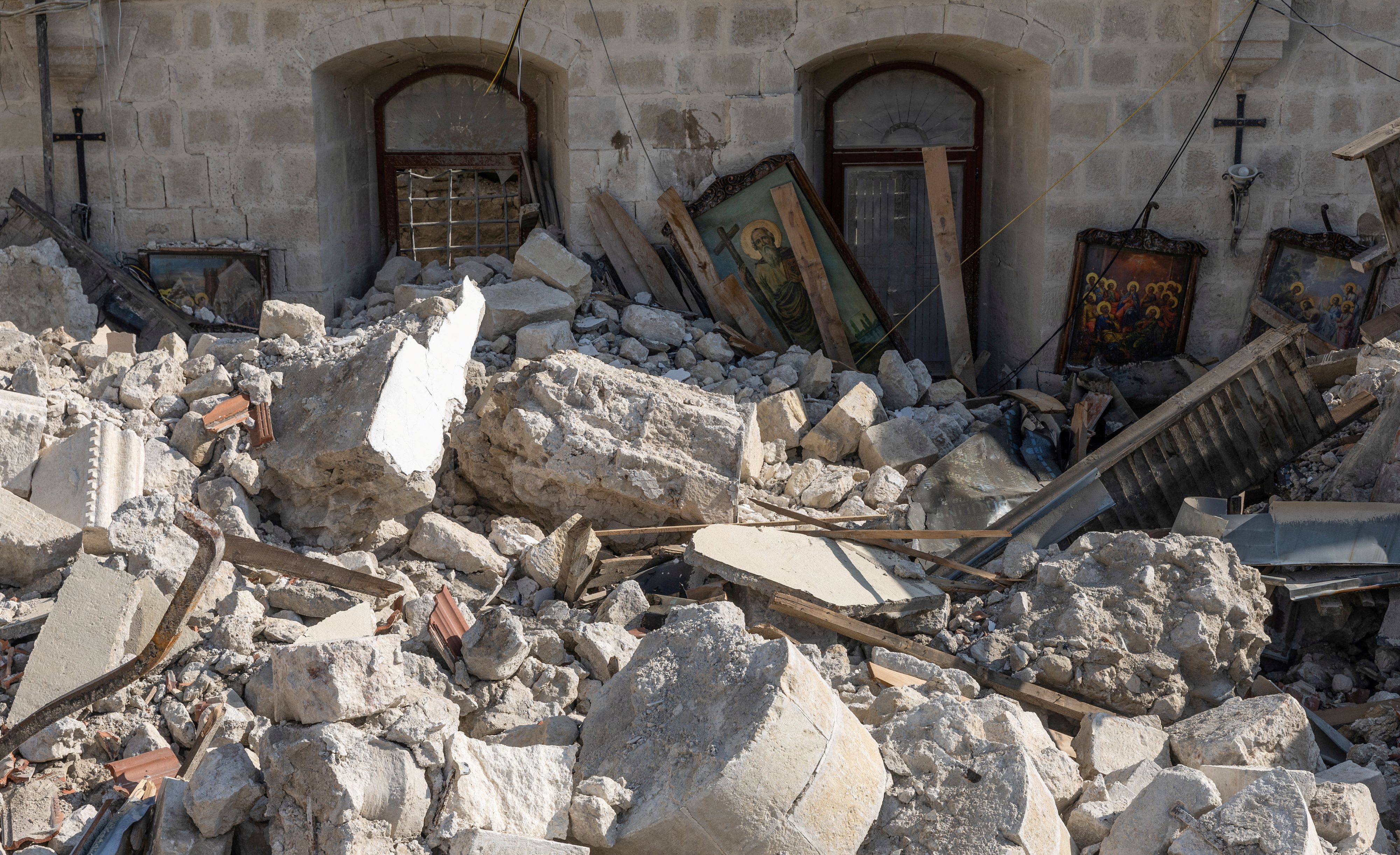 Icons are seen in the destroyed Greek Orthodox Church of Antioch in the aftermath of a deadly earthquake in Antakya, Turkey February 16, 2023. REUTERS/Maxim Shemetov     TPX IMAGES OF THE DAY     