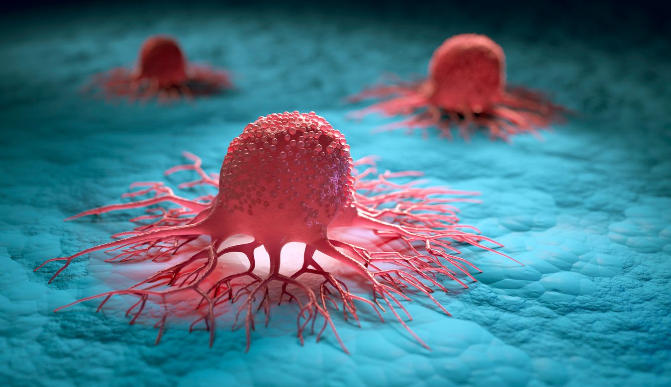 Medical 3D illustration of three cancer cells with a cell surface