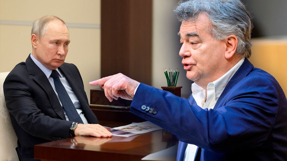Wladimir Putin (l.) ist alleine verantwortlich für den mörderischen Kriege in der Ukraine, donnert Vizekanzler Werner Kogler.