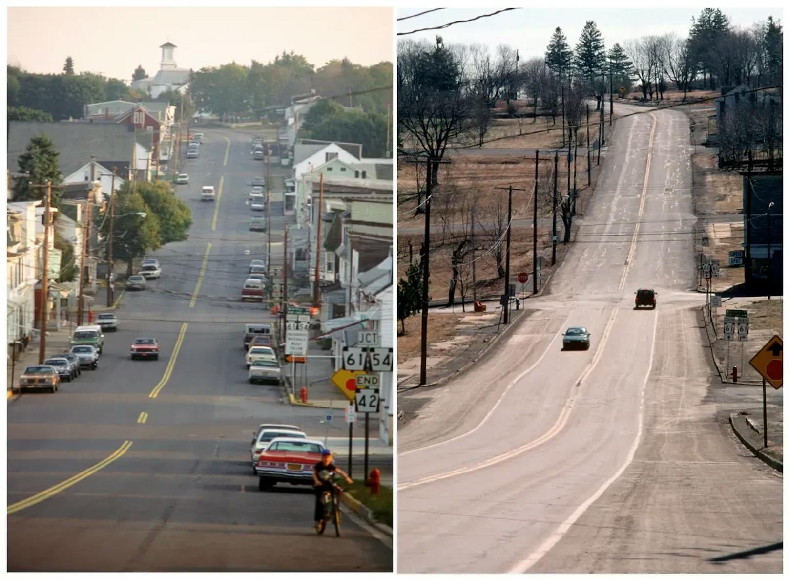 Wo früher Leben war, herrscht heute gähnende Leere. Auf dem liken Bild ist die Locust Avenue im Jahr 1983, kurz vor der Umsiedlung der Einwohner zu sehen, rechts die gleiche Straße im Jahr 2000.