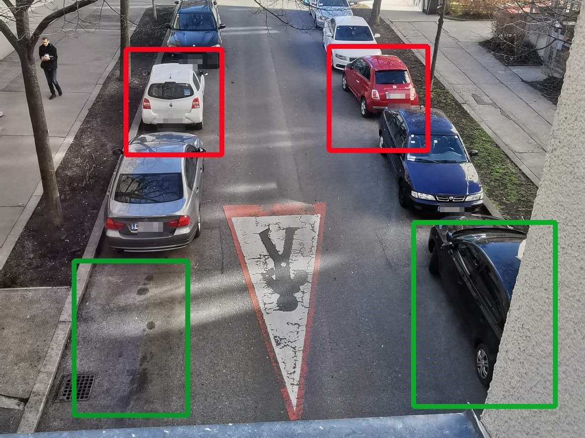 Beim Parken des Pkws muss die gegenüberliegende Parkfläche frei bleiben (grün) – sonst kassierst du eine Strafe (rot).