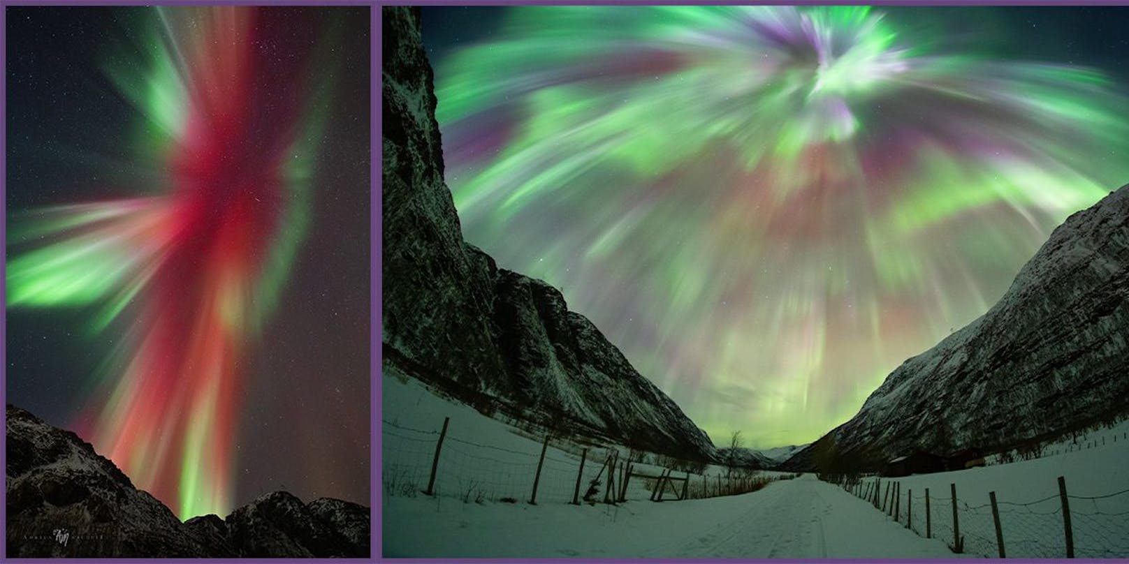 Ein Naturschauspiel, wie man es nicht oft zu sehen bekommt: Rote grüne und violette Polarlichter.
