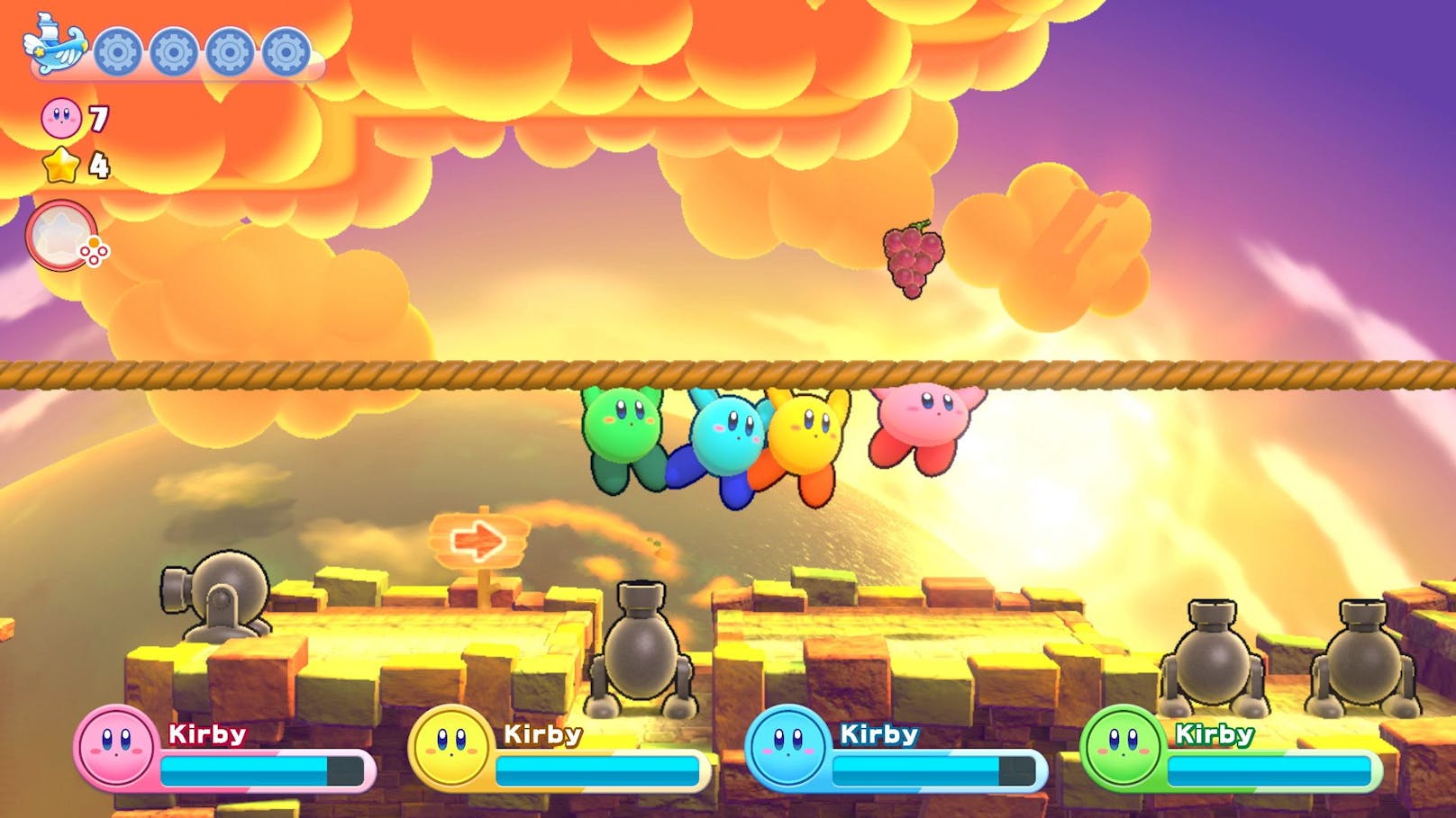 Kirby und bis zu drei Freunde (online und offline) helfen dem Alien Magolor, alle Teile seines abgestürzten Raumschiffs zu suchen.