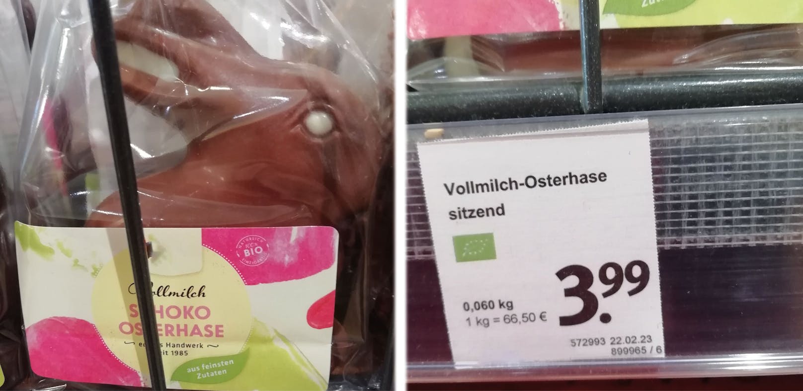 Ein Linzer Supermarkt verlangt für einen sitzenden Schoko-Osterhasen fast 4 Euro.