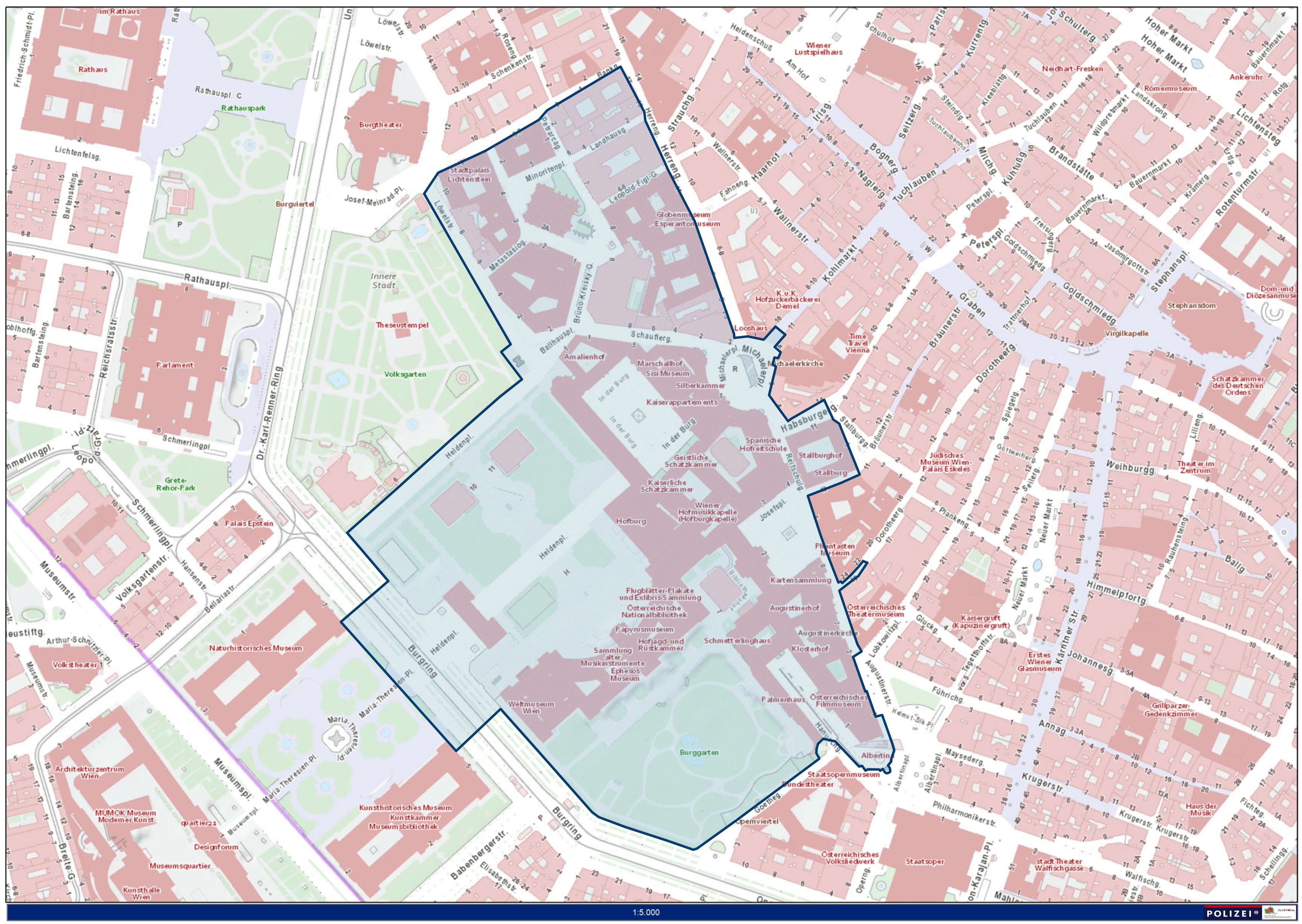 Im blau markierten Bereich gilt am Freitag das polizeilich ausgesprochene Platzverbot. 