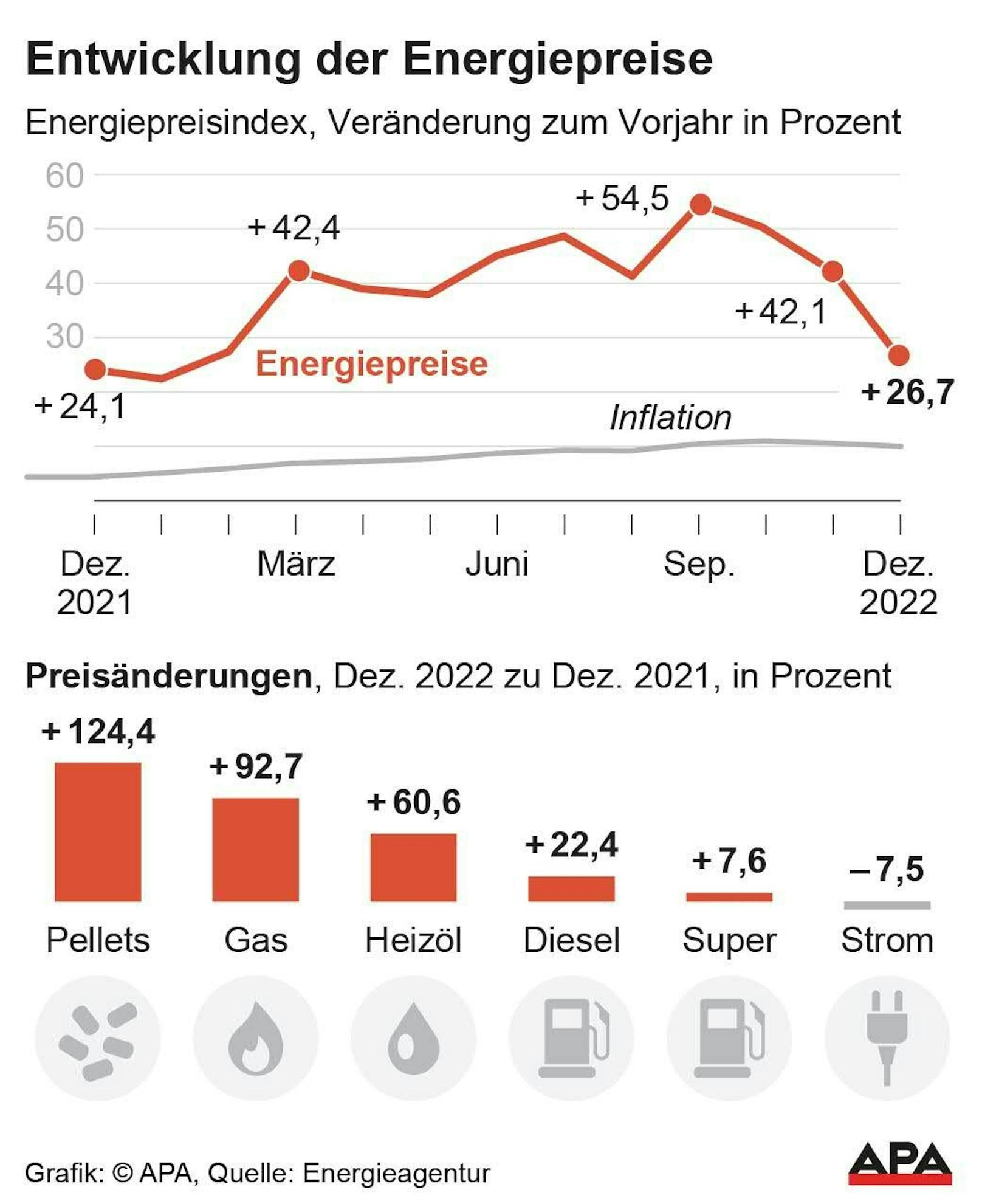 Energiepreisindex im Vergleich zur Inflation Dezember 2021-2022, Preisänderungen im Dezember nach Energieträgern, Quelle: Energieagentur