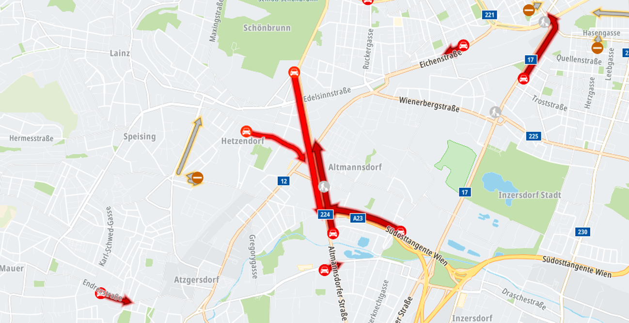 Die aktuelle Staukarte am Donnerstag: Nichts geht mehr im Bereich der Altmannsdorfer Straße.