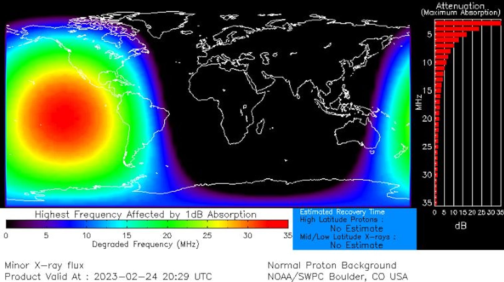 Störungen im Kurzwellen-Funkbereich über dem Pazifik durch die Sonneneruption am 24. Februar 2023.