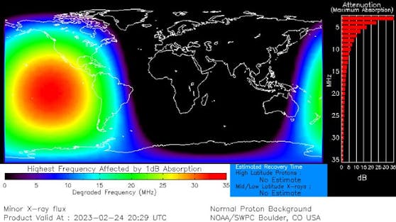 Störungen im Kurzwellen-Funkbereich über dem Pazifik durch die Sonneneruption am 24. Februar 2023.