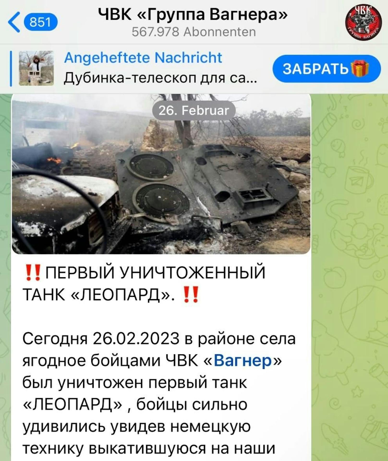 In diesem Beitrag feiern Wagner-Söldner die Zerstörung eines Leopard-2-Panzers in der Ukraine. Allerdings ist dies eine Lüge.