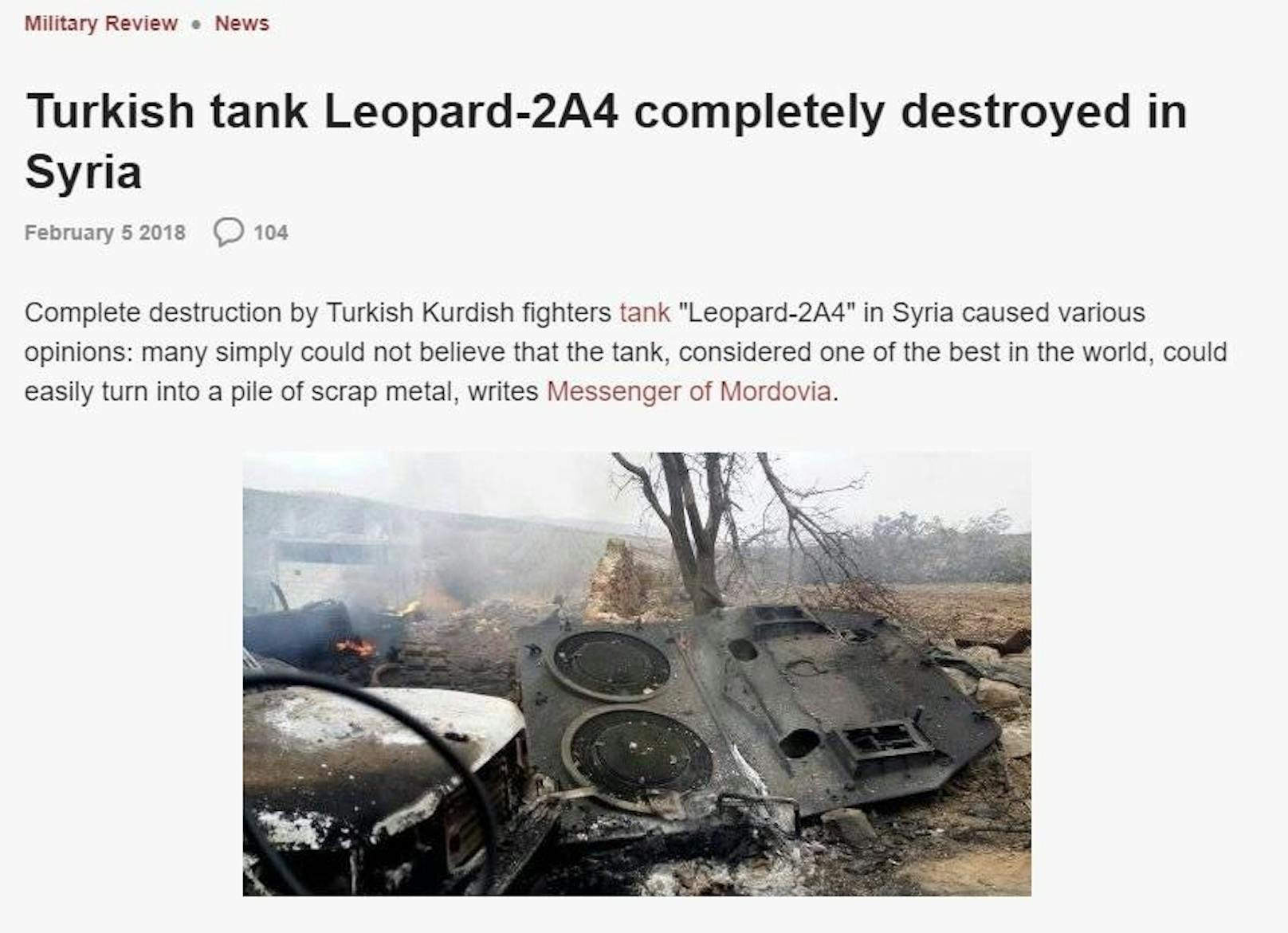 Das Bild haben die russischen Propagandisten dem Portal topwar.ru entnommen. Es zeigt zwar Leo-Trümmer, allerdings 2018 in Syrien.