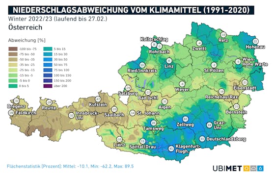 Niederschlagsabweichungen im Winter 2022/23.