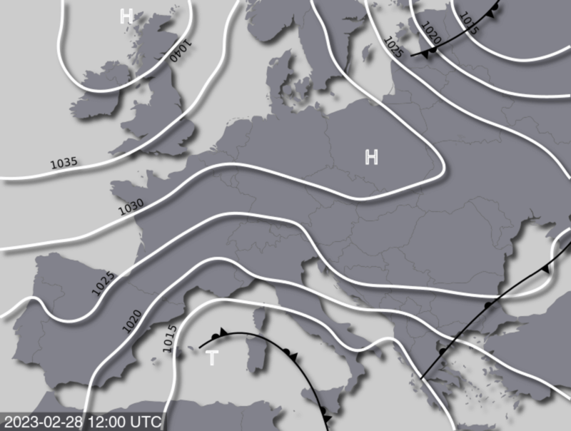 Bodendruck- und Frontenkarte für Dienstag, 28. Februar 2023, 13 Uhr MEZ