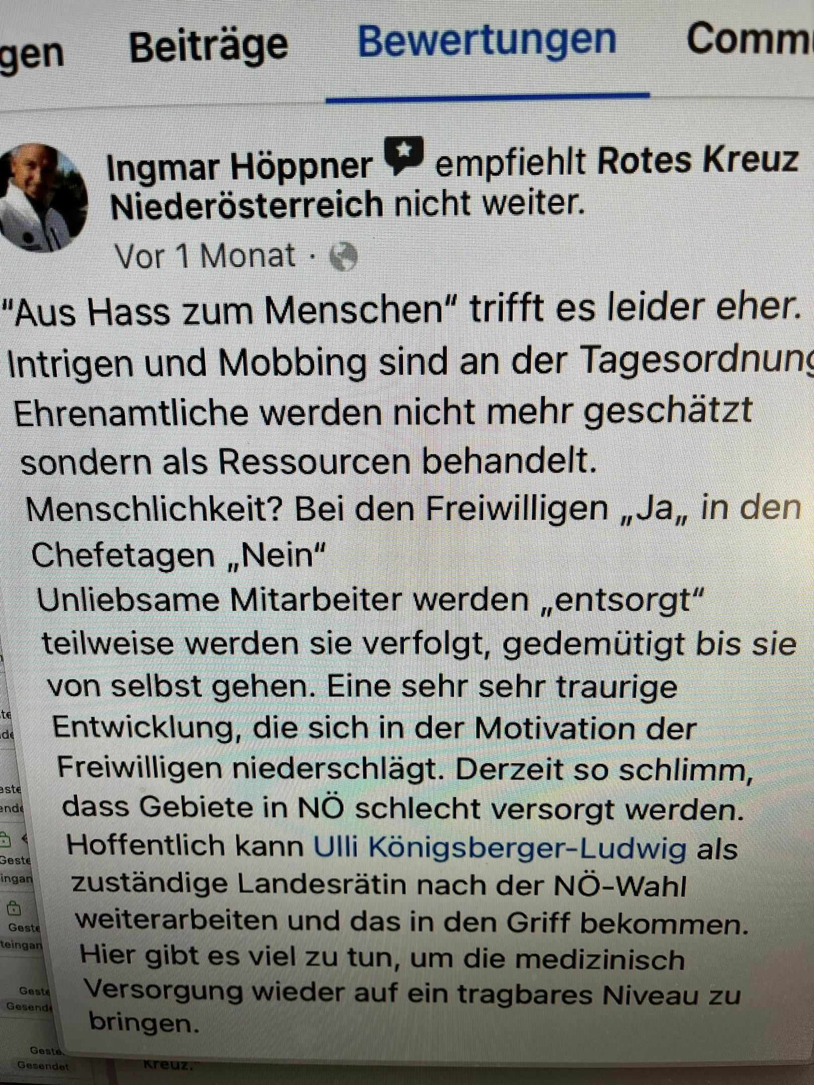 Die Bewertung von Ingmar Höppner auf der FB-Seite des Roten Kreuz NÖ