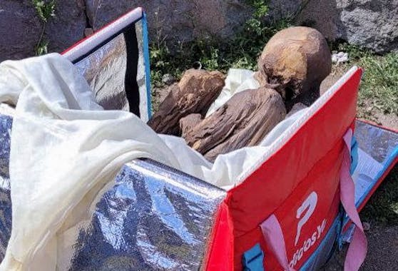 Bilder des Fundes zeigten die Mumie in einer fötalen Position in der roten Liefertasche.