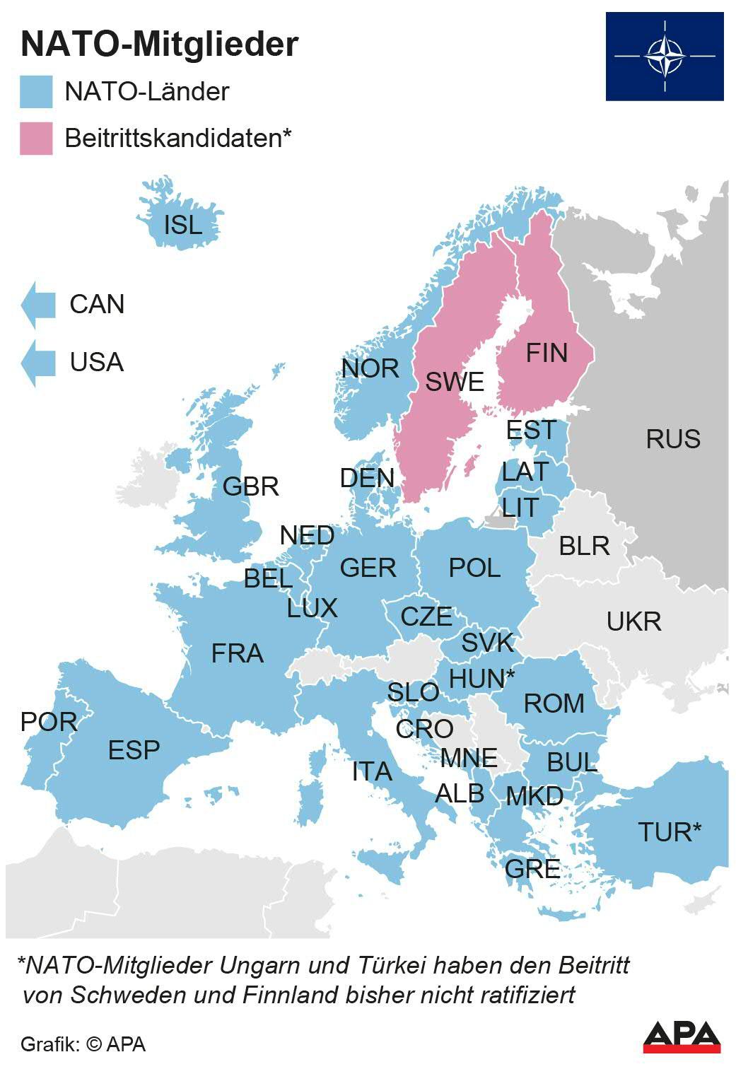Download von www.picturedesk.com am 01.03.2023 (14:23).  Karte NATO-Länder und Beitrittskandidaten - Die Auslieferung der APA-Grafiken als Embed-Code ist ausschließlich Kunden mit einer gültigen Vereinbarung für Grafik-Pauschalierung vorbehalten. Dabei inkludiert sind automatisierte Schrift- und Farbanpassungen an die jeweilige CI. Für weitere Informationen wenden Sie sich bitte an unser Grafik-Team unter grafik@apa.at. GRAFIK 0325-23, 88 x 128 mm - 20230301_PD1762 - Rechteinfo: Rights Managed (RM)