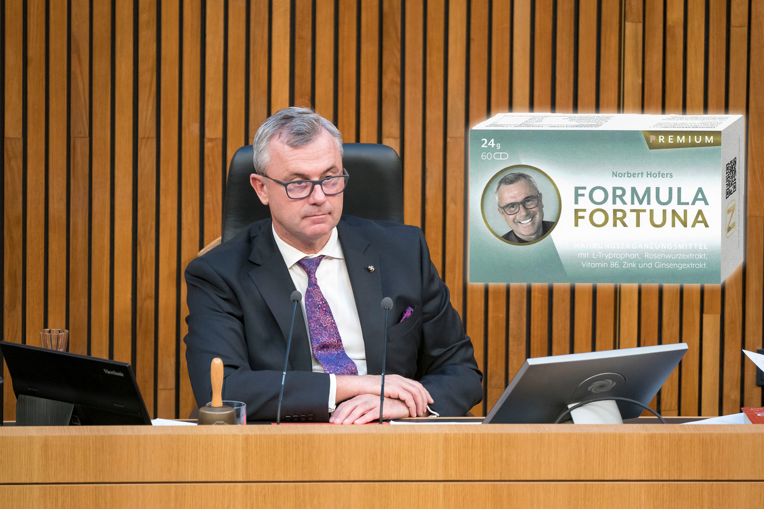 Ohne Formula Fortuna, mit Formula Fortuna – der 3. Nationalratspräsident schwört auf die stimmungserhellende Wirkung seines Mittelchens.