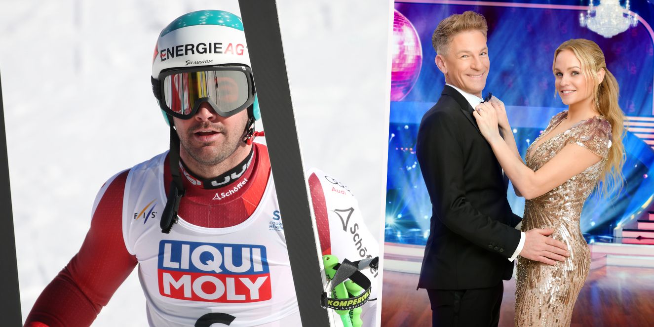 ÖSV-Star Vincent Kriechmayr und die Dancing-Stars Moderatoren Andi Knoll und Mirjam Weichselbraun.