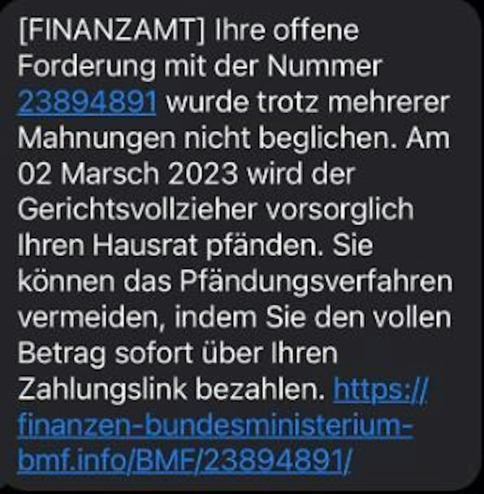 Das steirische Landeskriminalamt warnt vor einer betrügerischen SMS.