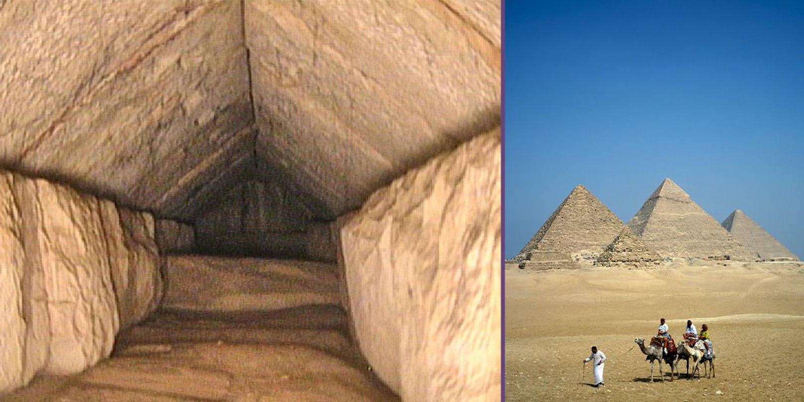 Das Endoskop lieferte die Aufnahmen der versteckten Kammer (li.) in der Cheops-Pyramide. Sie ist eine der "Pyramiden von Gizeh" (re.).
