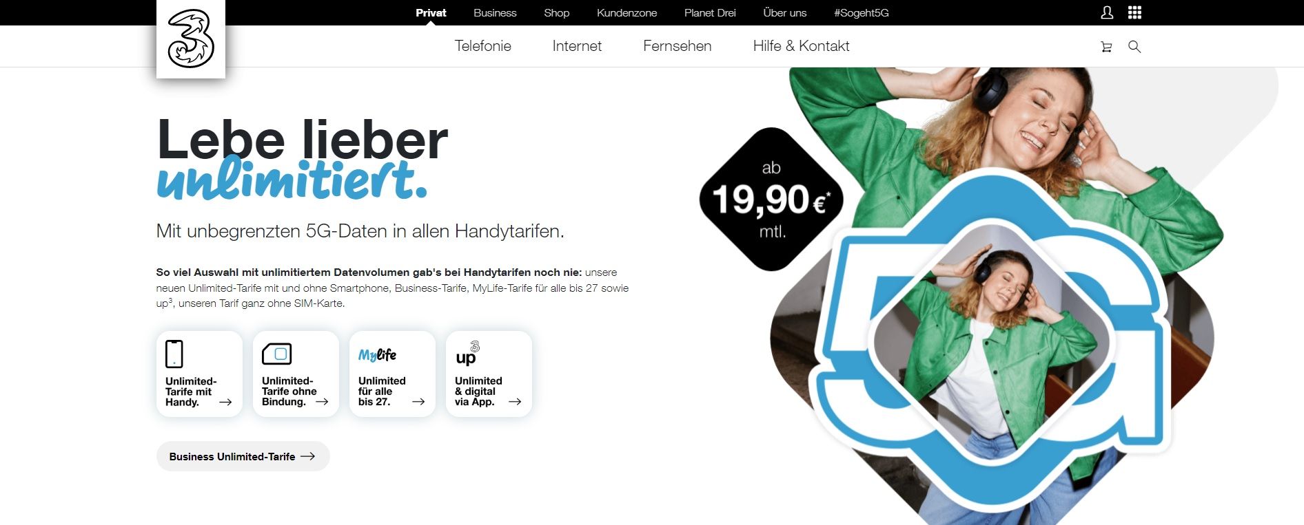 Drei Unlimited Sprachtarife: Unbegrenztes 5G Datenvolumen für alle.