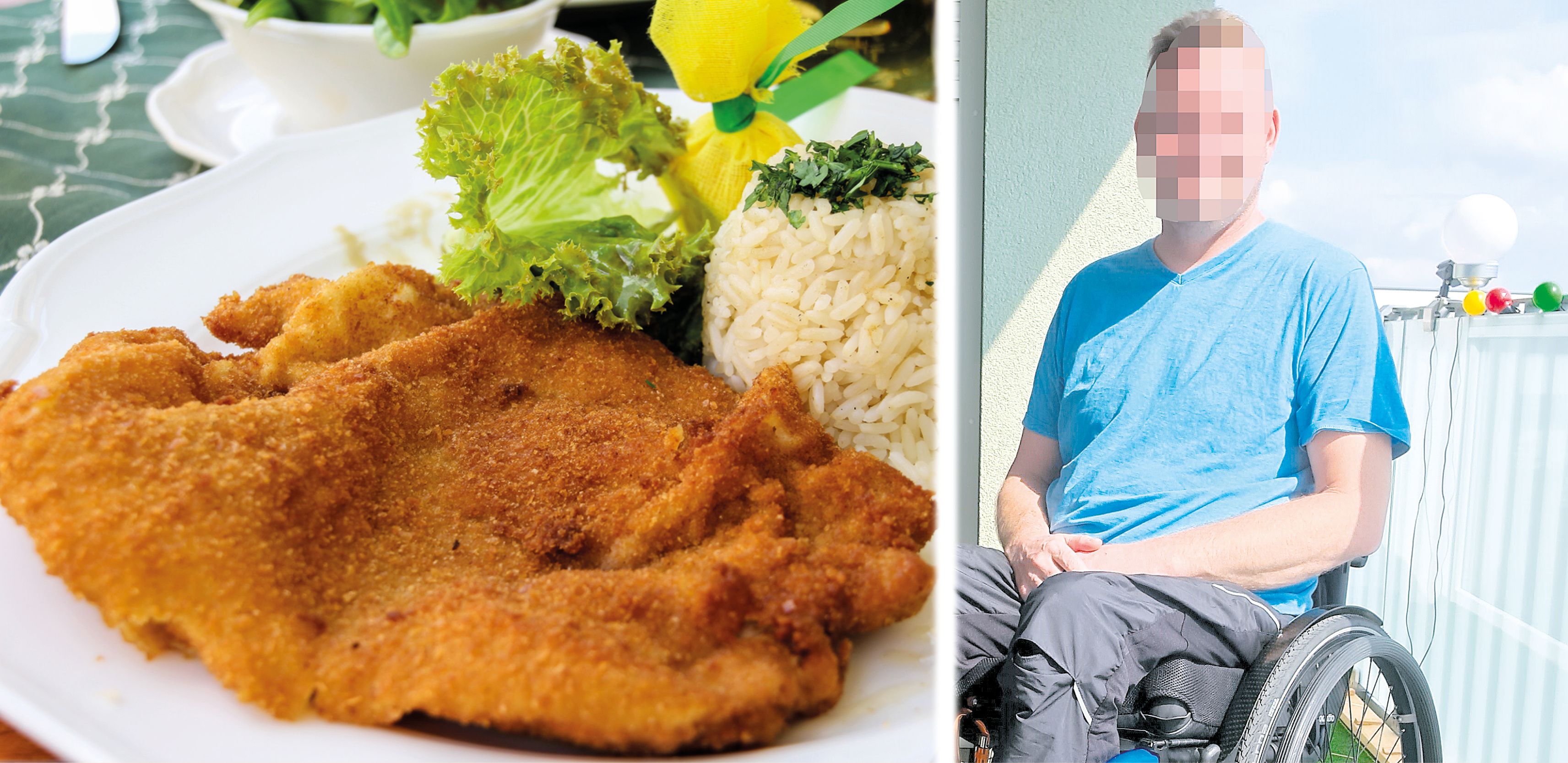 Schnitzel Teuerung Rollstuhl Mann 