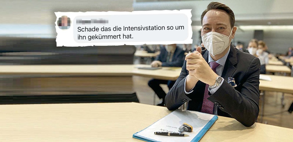 Der Chef der OÖ-Blauen, Manfred Haimbuchner, mit Maske; ein Nutzer erinnert an dessen Aufenthalt im Krankenhaus.