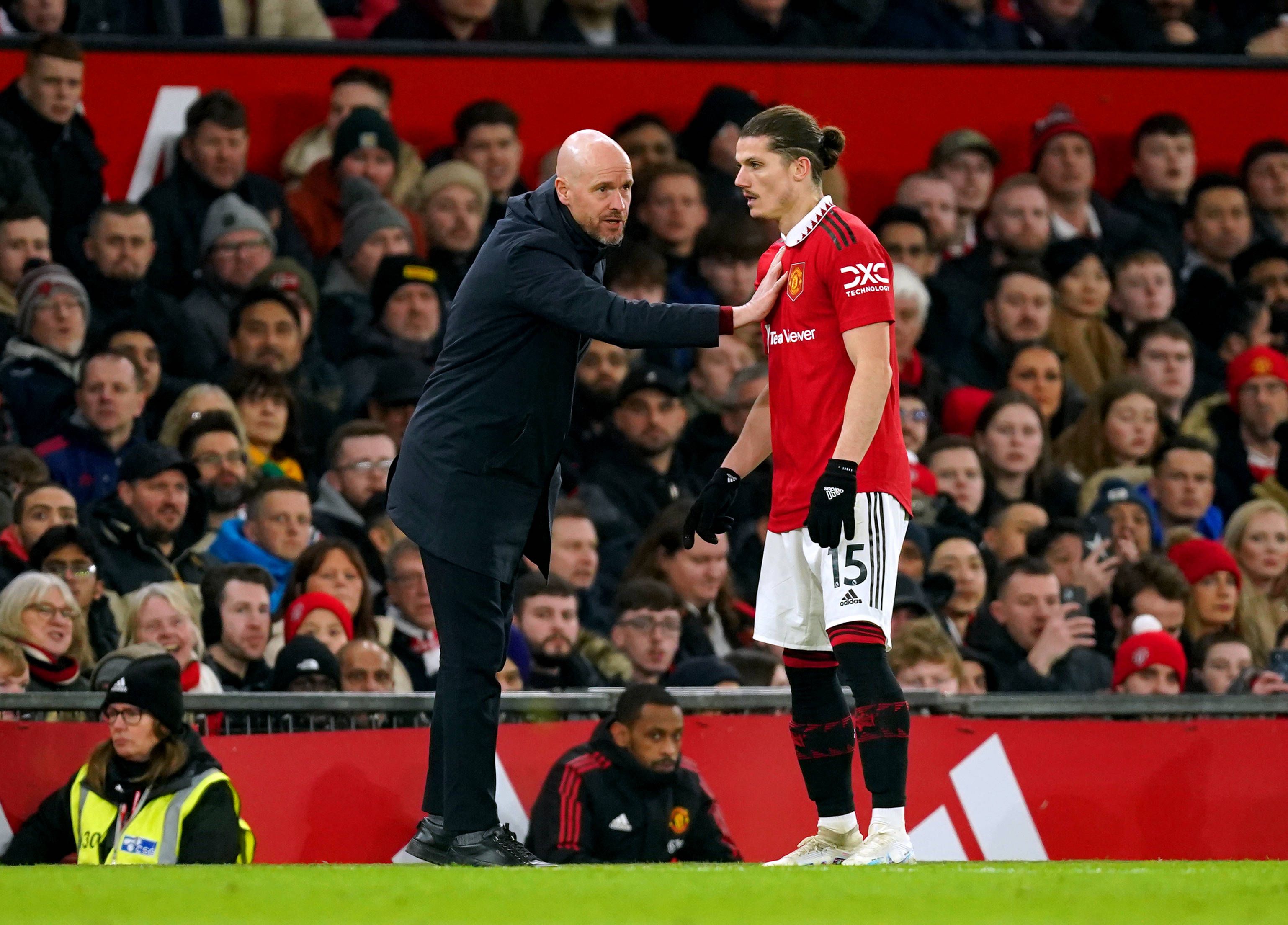 Manchester United, ManU v Leeds United - Premier League - Old Trafford Manchester United manager Erik ten Hag left speaks to Marcel Sabitzer during the Premier League match at Old Trafford, Manchester. Picture date: Wednesday February 8, 2023. EDITORIAL USE ONLY No use with unauthorised audio, video, data, fixture lists, club/league logos or live services. Online in-match use limited to 120 images, no video emulation. No use in betting, games or single club/league/player publications. PUBLICATIONxNOTxINxUKxIRL Copyright: xMartinxRickettx 70914482