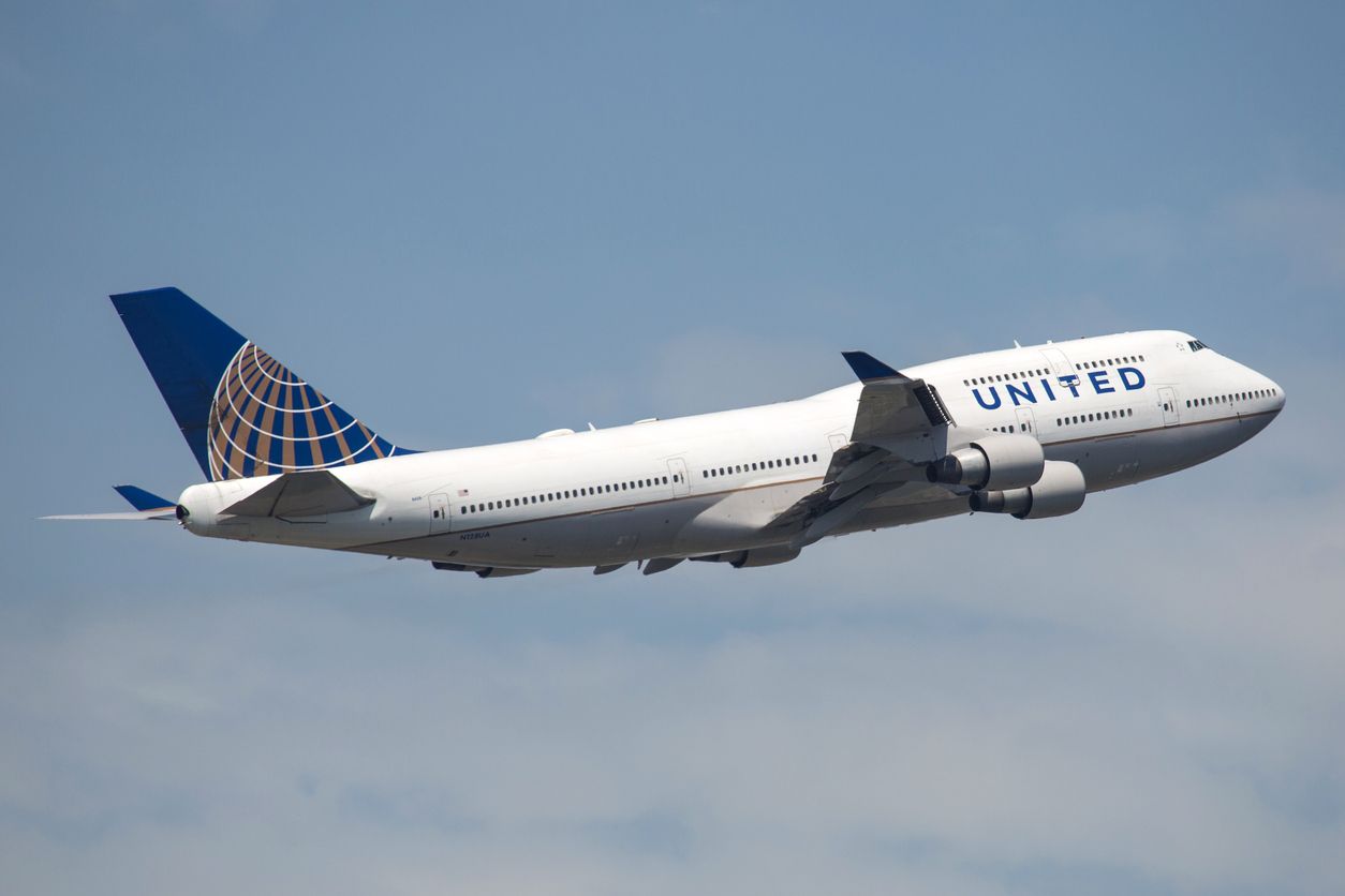 Frankfurt, Germany - June 10, 2014: United Airlines Boeing 747-400 taking off from the Frankfurt International Airport.