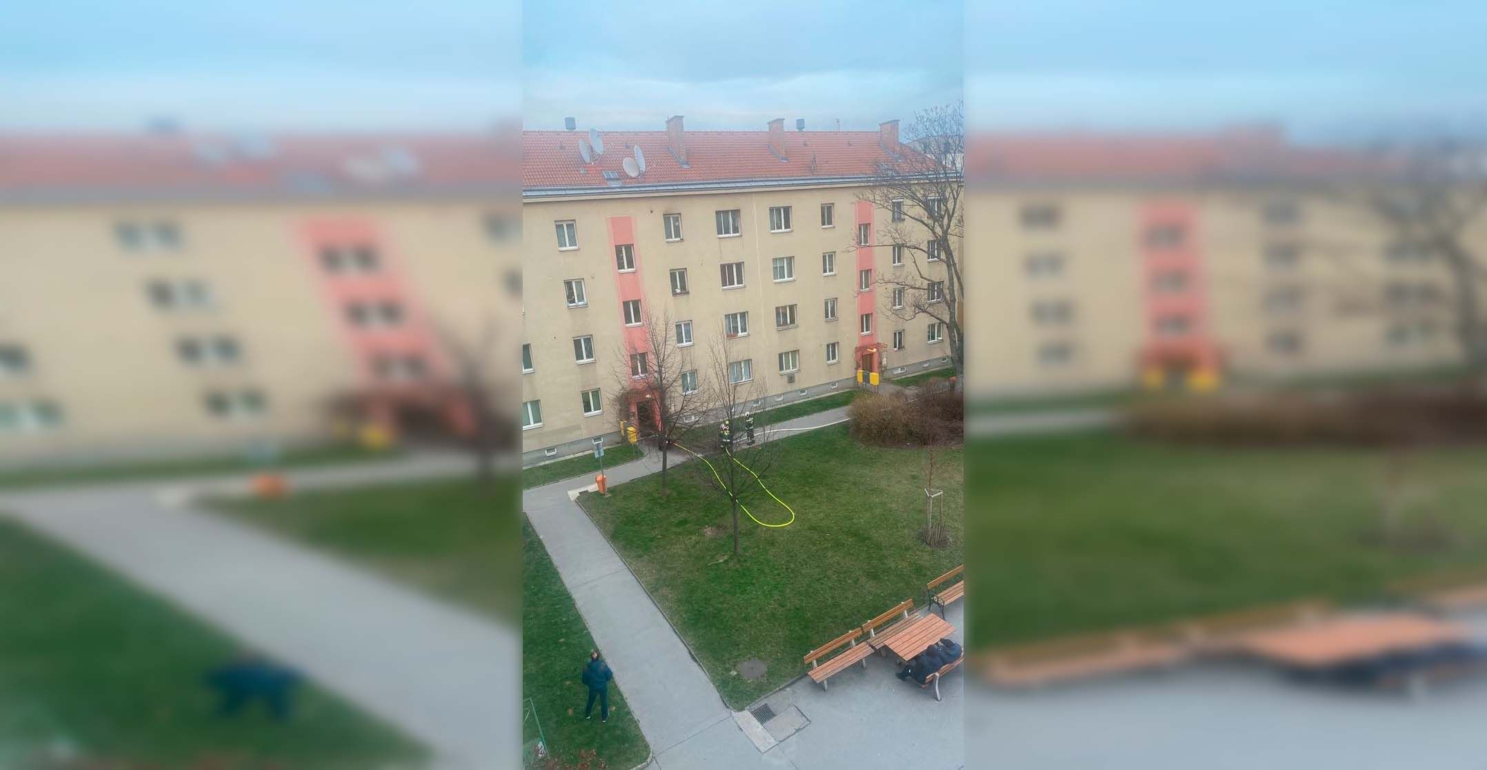 Brandbekämpfung im Gemeindebau: Die Feuerwehr legt eine Löschleitung über das Stiegenhaus.