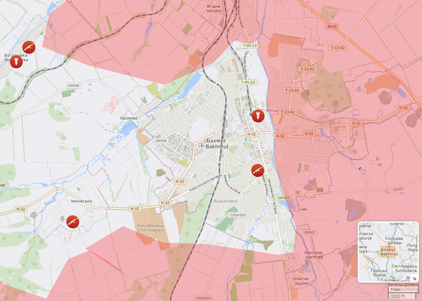 Schlacht um Bachmut: Die rot markierten Bereiche sollen bereits unter russischer Kontrolle stehen. Stand: 8. März 2023