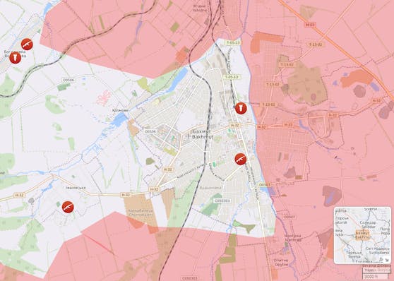 Schlacht um Bachmut: Die rot markierten Bereiche sollen bereits unter russischer Kontrolle stehen. Stand: 8. März 2023