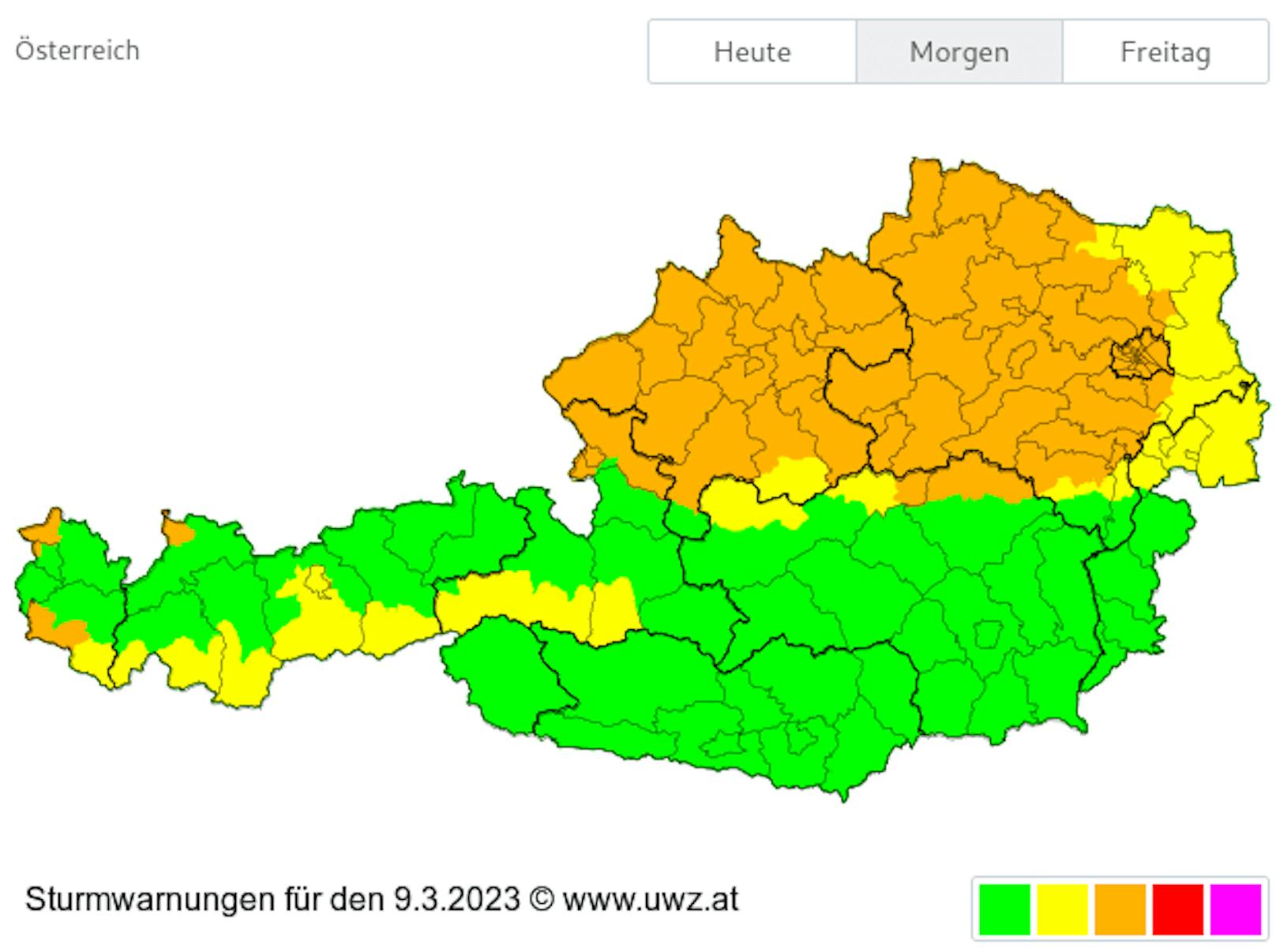 Bor allem Oberösterreich, Niederösterreich und Wien müssen am Donnerstag mit stürmischen Winden rechnen.