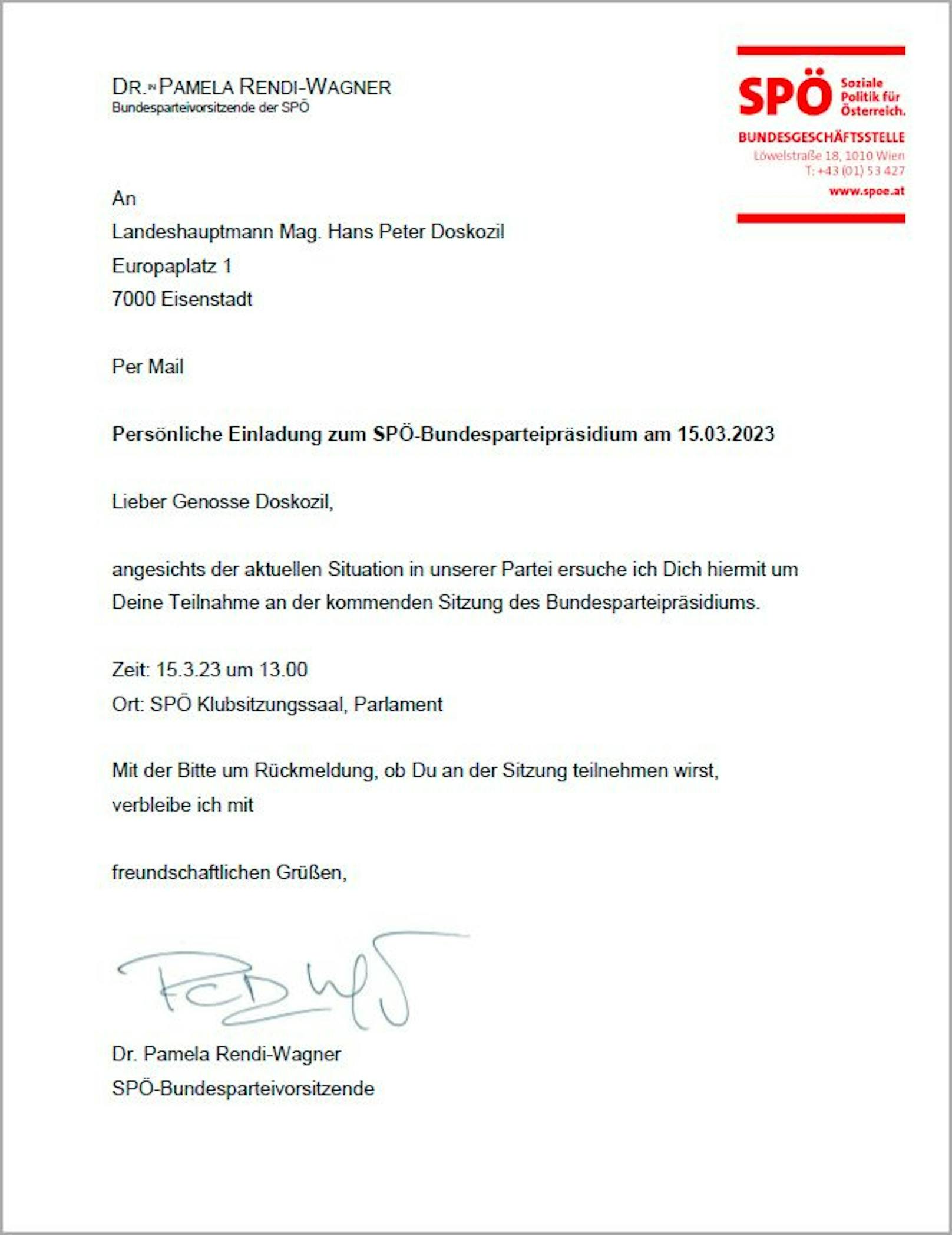 Die SPÖ-Chefin kündigte einen Krisengipfel am 15.März an, bei dem es wohl neben einer Aussprache zu einer Entscheidung kommt, ob es einem vorgezogenen Parteitag geben wird. Sie lud den burgenländischen Landeshauptmann höchstpersönlich ein.