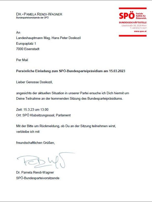 Der Brief von Pamela Rendi-Wagner an ihren Parteifreund Hans Peter Doskozil