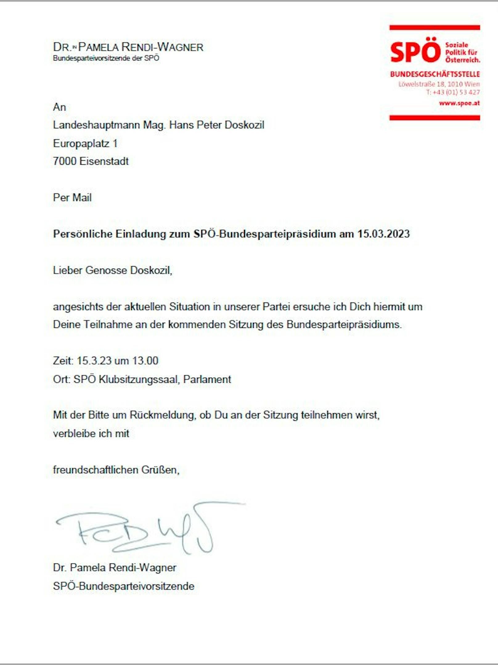 Der Brief von Pamela Rendi-Wagner an ihren Parteifreund Hans Peter Doskozil