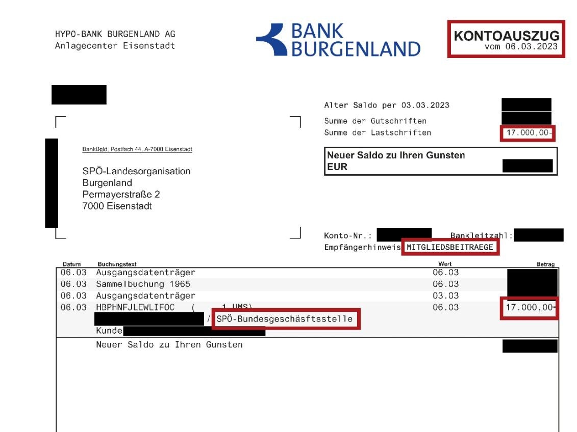 Der Kontoauszug mit der Überweisung an die SPÖ-Bundespartei.