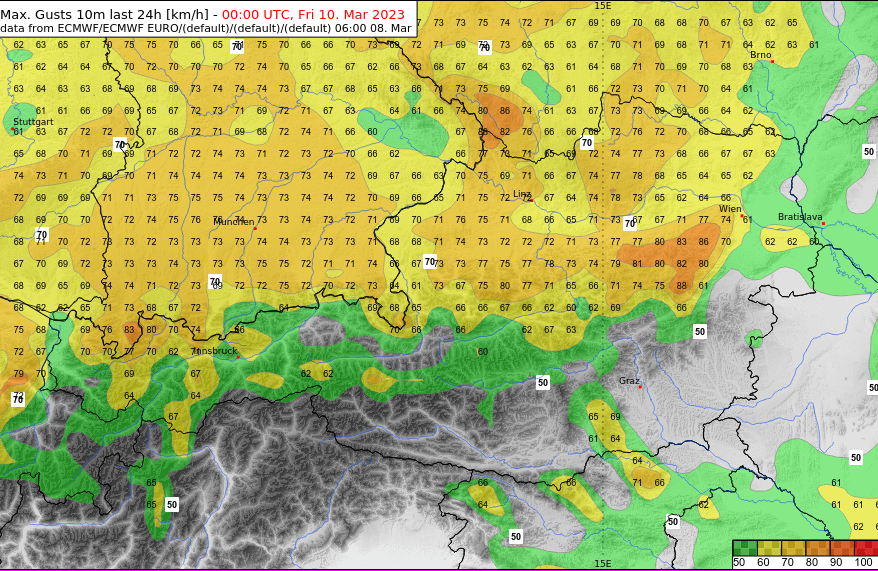 Die Windspitzen werden Geschwindigkeiten von bis zu 85 km/h erreichen.